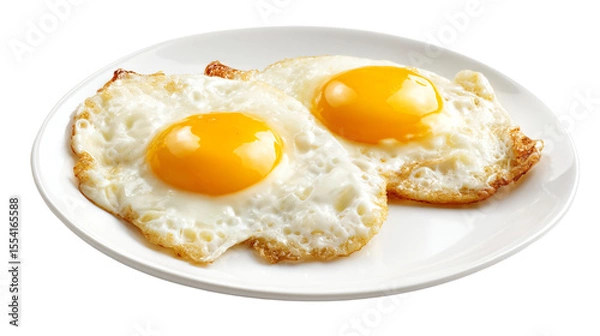 Fototapeta two fried eggs on a plate on a white table