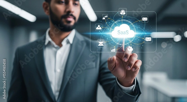 Fototapeta Bearded Businessman in Gray Suit Interacting with Saas Cloud Technology Interface with Glowing Light Effect and Abstract Icons in Modern Interior