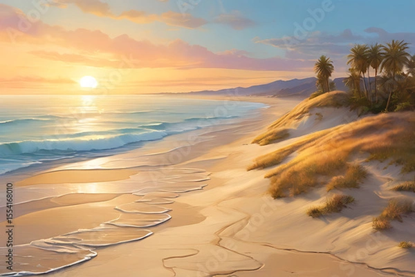 Fototapeta Beautiful sunset over the tranquil beach, with the sun's reflection on the water and colorful clouds painting the sky