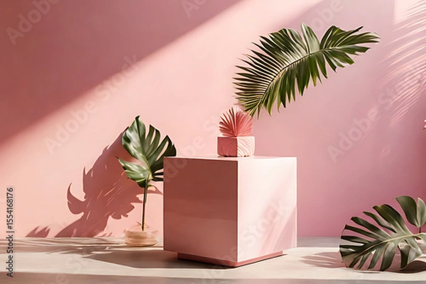Fototapeta Open book on a table with tropical flowers, sun, and green leaves for a relaxing summer beach holiday
