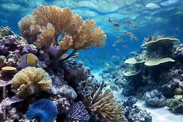 Fototapeta Coral Reef Undersea Vista: A vibrant underwater scene explodes with life as coral formations teem with diverse marine life, presenting a vivid tableau of the ocean's depths.