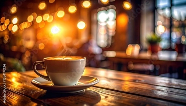 Fototapeta 夕暮れのカフェ：温かいコーヒーと柔らかな光のボケGenerated image