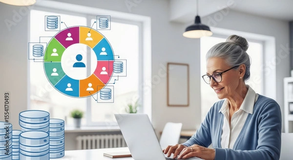Fototapeta Mature Woman in Glasses Using Laptop at Desk with Visual Data Display in Bright White Office Interior