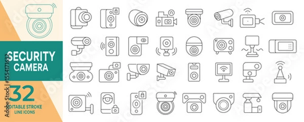 Fototapeta Security camera icon set cctv surveillance system . Editable stroke line protection, access, secure of data, document, recognition, security camera, and more. Vector illustration