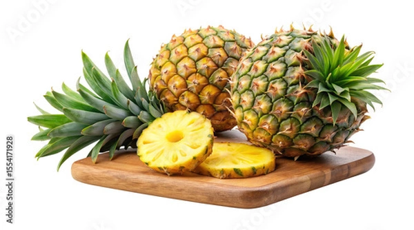 Fototapeta Pineapples and Slices on Wooden Cutting Board on Transparent background PNG