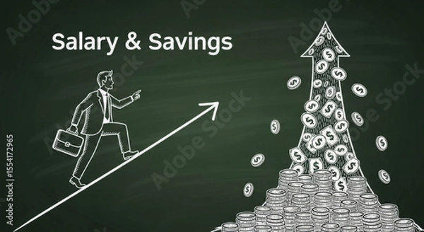 Fototapeta Financial Growth Visualization with Chalkboard Illustration of Businessman Climbing Arrow Chart for Salary and Savings with White Chalk on Black Background