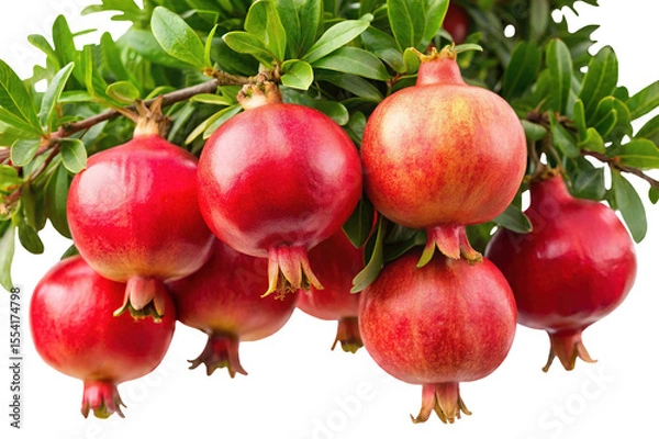 Fototapeta Pomegranates hanging from a branch with green leaves on Transparent background PNG
