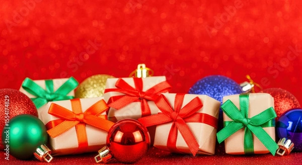 Fototapeta Assorted Christmas Presents and Decorative Ornaments on Shimmering Red Glitter Background Festive Heap of Wrapped Boxes with Colorful Ribbons