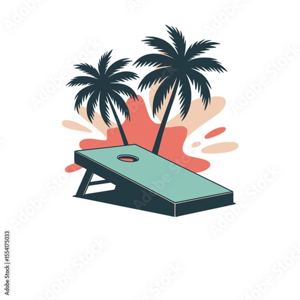Fototapeta Cornhole board with palm trees illustration, Stylized cornhole board graphic with tropical palm trees and colorful splash, evoking beach vibes and outdoor summer fun.

