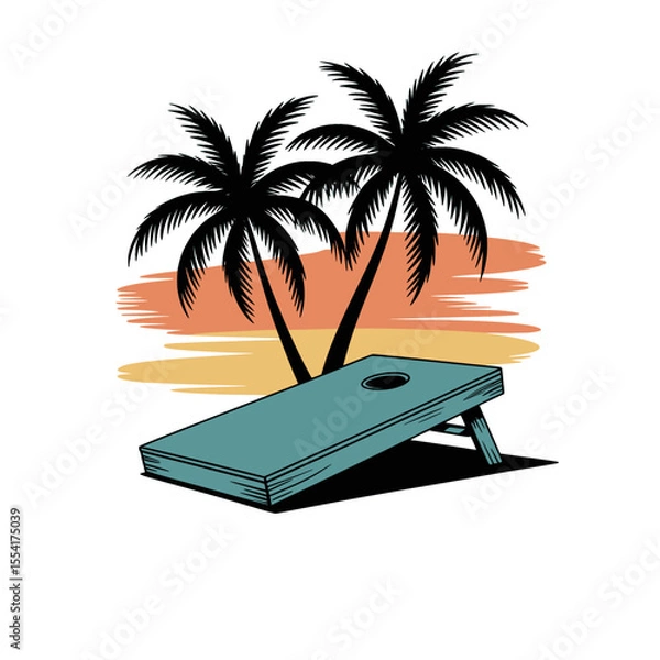 Fototapeta Cornhole board with palm trees illustration, Stylized cornhole board graphic with tropical palm trees and colorful splash, evoking beach vibes and outdoor summer fun.

