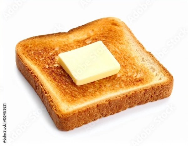 Fototapeta A piece of golden brown toast topped with a square of butter rests on a white surface ready to be enjoyed as a simple breakfast or a tasty snack.