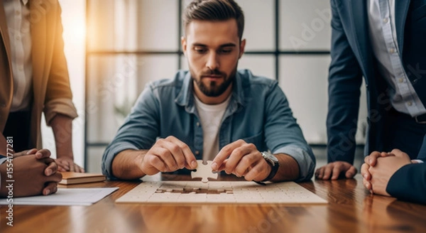 Fototapeta Focused Man Completes Jigsaw Puzzle on Wooden Table surrounded by Diverse Business Team in Bright Office Demonstrating Collaboration and Problem Solving