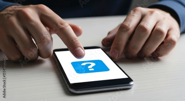 Fototapeta Fingers Touching Phone Screen Displaying Blue Question Mark on Gray Surface in Bright Studio Lighting Mobile App and Problem Solving Concept