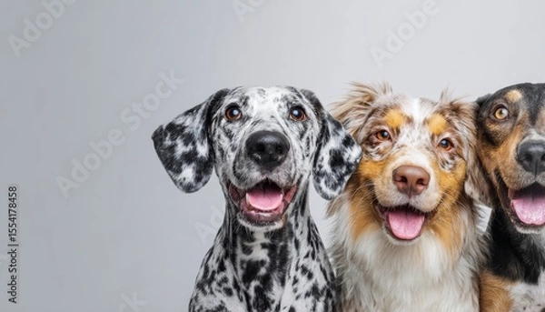 Fototapeta Different Breed of dogs at half below frame isolated on white background , Dog Day concept banner