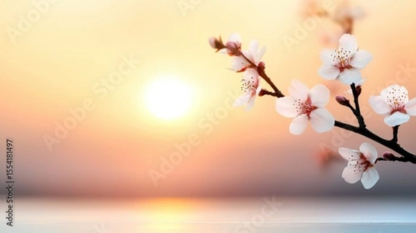 Obraz Beautiful blooming branch with white flowers in a sunset setting