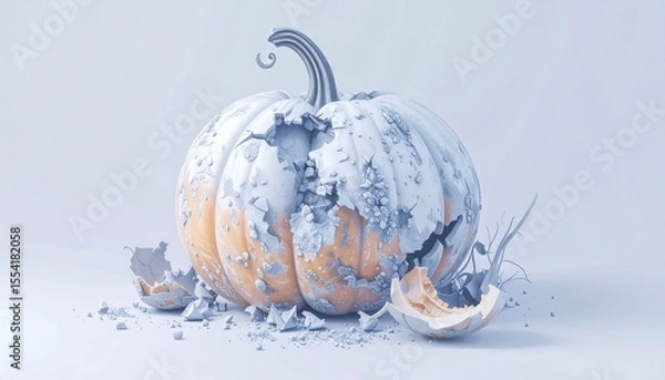 Obraz Broken Orange Pumpkin With Frost On Light Blue Background