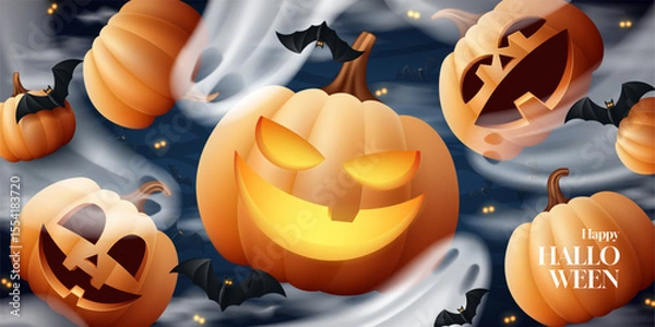Obraz Happy Halloween holiday banner. Vector illustration with 3d pumpkins, ghosts, bats, clouds on dark blue background. Holiday card for decoration cover, banner, branding,  social media, event.