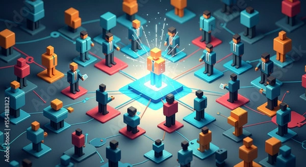 Fototapeta Isometric People Network Connecting on Futuristic Digital Interface with Geometric Pixel Figures and Connection Nodes in a Dark Studio Setting