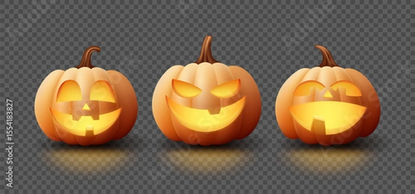 Obraz Set of pumpkins for Halloween decoration. Vector realistic 3d orange pumpkins with cut smiles. Halloween collection of 3d objects. Design elements isolated on checkered background.