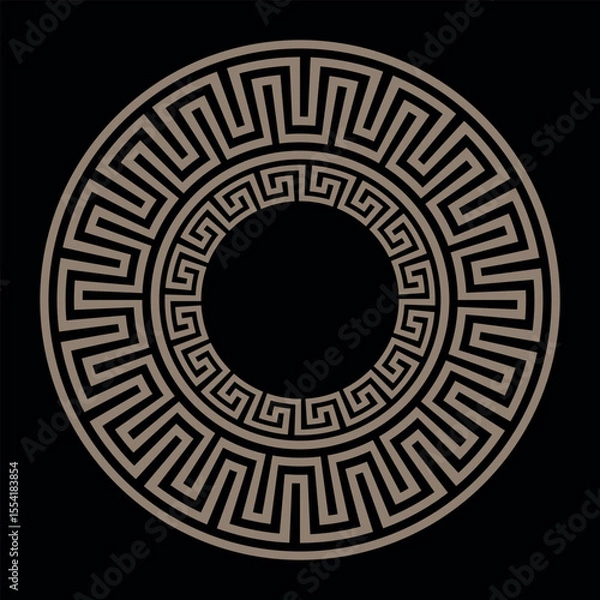 Fototapeta Golden Greek key meanders round frame on black background. Patterns of Greece, ancient Rome. Circle european border. Classic egyptian, assyrian, greek motives. For textile, embroidery, porcelain