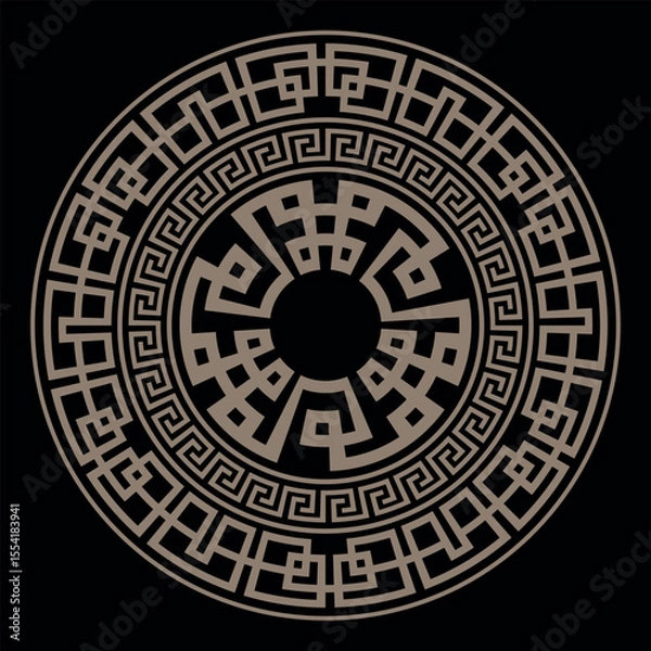 Fototapeta Greek gold round pattern on white background. Decorative round frame. Abstract vector geometric ornament. Golden Greek key meanders. Vector illustration. Classic egyptian, assyrian, greek motives