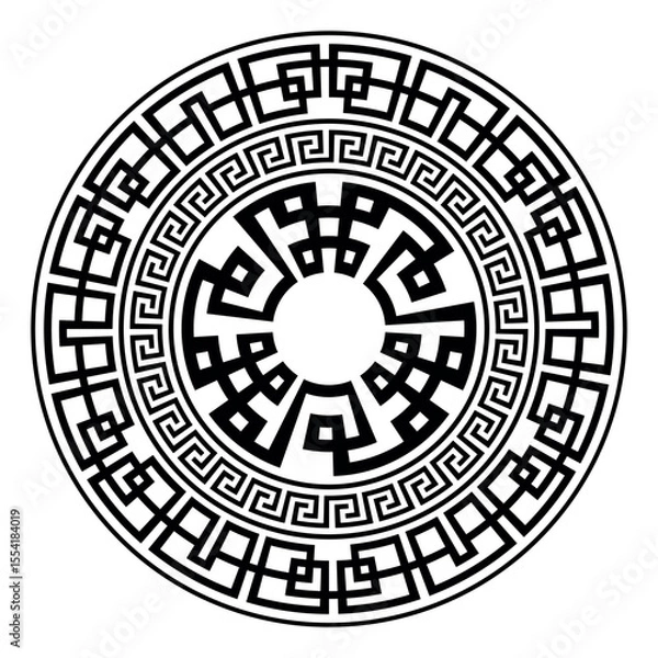 Fototapeta Decorative Greek round ornament pattern frame plate with pattern in center. Greek meander. Circle european border. Patterns of Greece, ancient Rome. Classic egyptian, assyrian, greek motives