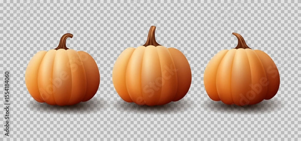 Obraz Set of realistic pumpkins. Vector realistic 3d orange pumpkins for autumn events or holiday decoration. Collection of 3d objects. Design elements isolated on checkered background.
