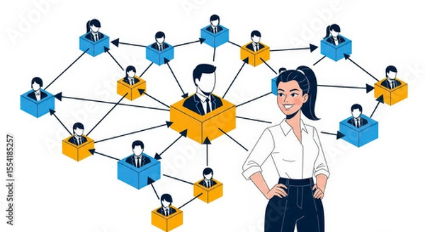 Fototapeta Businesswoman Overseeing Decentralized Yellow Blue Network Structure Depicting Global Team Collaboration in a Corporate Environment on White Background