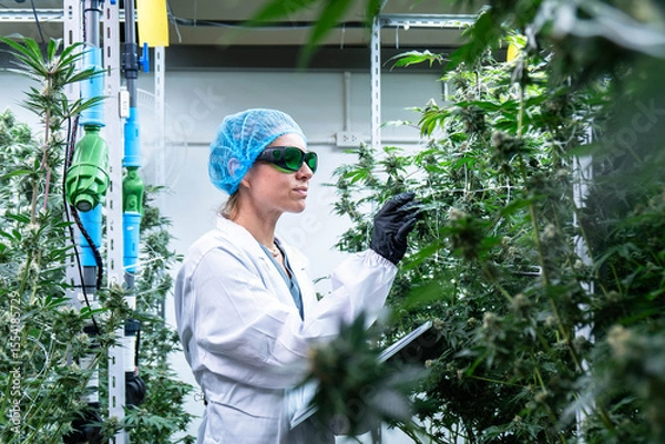 Obraz A dedicated lab technician measures and analyzes cannabis plants in a controlled environment.