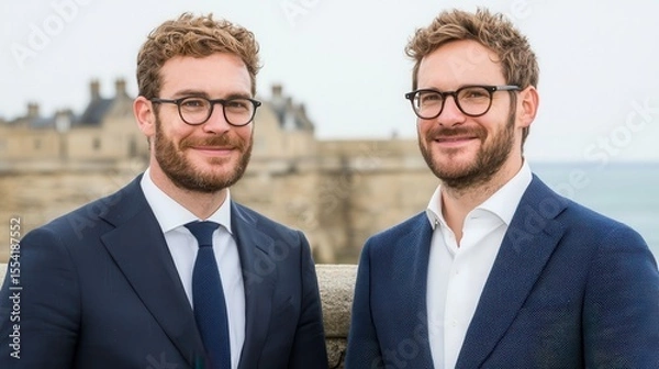 Fototapeta Working in Alternative Situations Concept. Professional Men with Glasses Smiling at Camera Near Historic Building by the Water