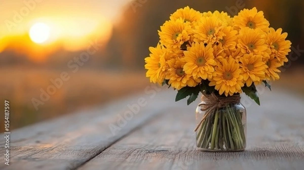Fototapeta Working in Alternative Situations Concept. Bright Yellow Daisy Bouquet in Sunlit Field with Rustic Wooden Table Setting at Sunset