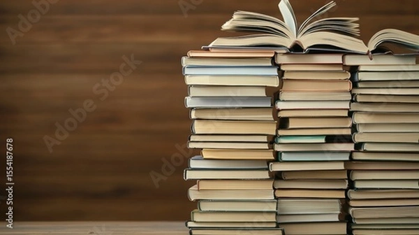 Fototapeta Working in Alternative Situations Concept. Stacked Books with Open Pages on Top Against Brown Wooden Background for Reading Enthusiasts