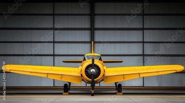 Fototapeta Working in Alternative Situations Concept. Vintage Yellow Aircraft in a Hangar with Large Open Doors and Industrial Background