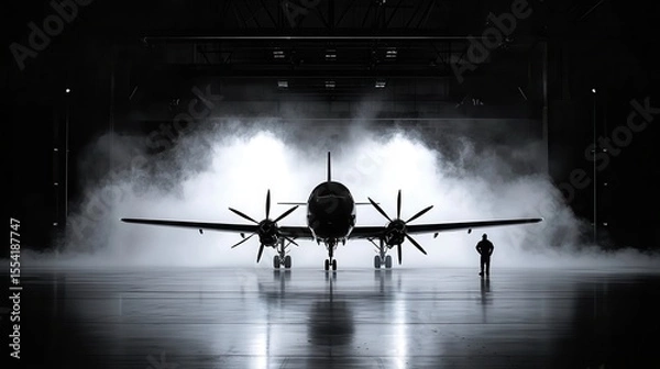 Fototapeta Working in Alternative Situations Concept. Dramatic Silhouette of Aircraft in Hangar with Fog and Person Standing in Front of Plane