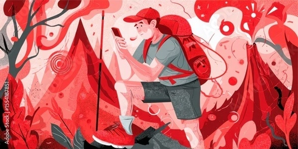 Fototapeta Working in Alternative Situations Concept. Adventurer Using Smartphone While Hiking Through Vibrant Red Forest Landscape Illustration