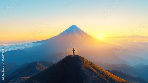 Fototapeta Working in Alternative Situations Concept. Breathtaking Sunrise Over Mountain Landscape with Silhouetted Hiker in Tranquil Nature Scene