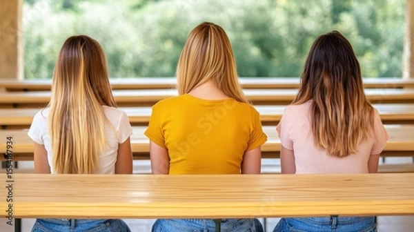 Fototapeta Working in Alternative Situations Concept. Three Women Sitting Together Viewed from the Back in a Bright Outdoor Setting with Greenery