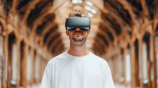 Fototapeta Working in Alternative Situations Concept. Young Man with Virtual Reality Headset Experiencing Immersive Technology in a Modern Space