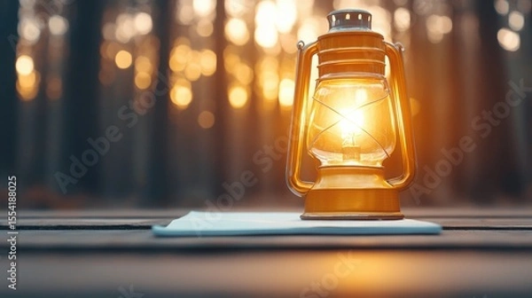 Fototapeta Working in Alternative Situations Concept. Vintage Lantern Illuminating a Wooden Surface in a Forest at Sunset