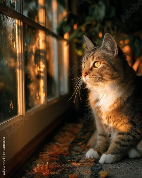 Obraz Cat Sitting by Window in Soft Morning Light – Peaceful Home Setting with Gentle Natural Illumination and Calm Domestic Atmosphere