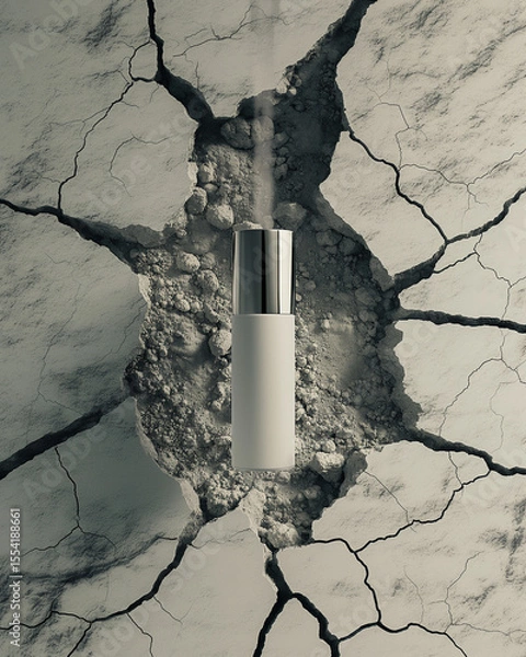 Obraz Levitating Cosmetic Tube Above Cracked Earth Texture – Environmental Awareness Concept with Strong Lighting and Upper Clean Space for Branding or Message