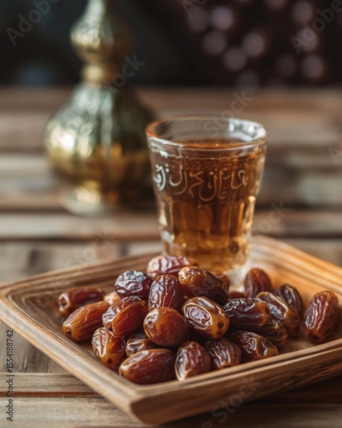 Obraz Dates and Glass of Water on Low Wooden Table – Traditional Islamic Iftar Theme with Clean Background Space for Ramadan Messaging or Branding