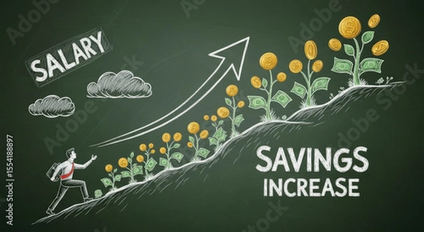 Fototapeta Chalk Drawing of Salary Growth with Climbing Person on Dark Green Chalkboard Background Depicts Savings Increase Finance and Wealth Concept
