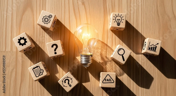 Fototapeta Glowing Light Bulb Surrounded by Wooden Blocks with Various Business Concept Icons on Light Brown Wood Background