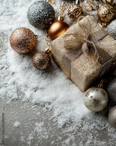 Obraz Gift Box and Ornaments on Snowy Surface in Bottom Corner – Ample Space Above for Holiday Message or Branding, Minimalist Festive Background