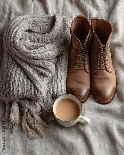 Obraz Minimalist Winter Outfit Flat Lay with Knit Sweater, Scarf, Boots, and Coffee Cup on Linen – Cozy Seasonal Style with Neutral Tones and Soft Texture