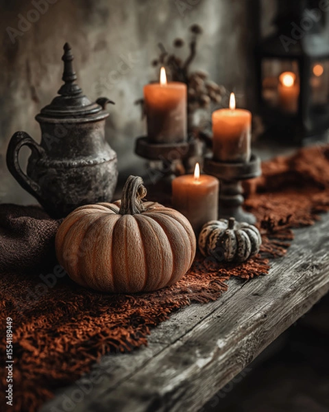 Obraz Pumpkin and Candles on Wooden Table with Warm Tones and Empty Center Space – Cozy Autumn or Thanksgiving Background for Seasonal Design and Text Placement