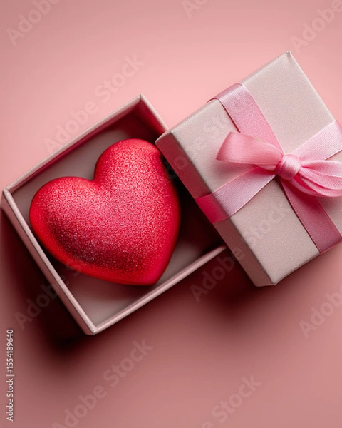Obraz Red Heart and Gift Box on Soft Pink Background with Open Copy Space – Romantic Minimal Scene for Valentine’s Day, Love, or Celebration