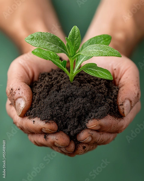 Obraz Young Plant in Soil Held by Hands with Green or Earthy Background and Ample Top Copy Space – Growth, Sustainability, and Nature Concept