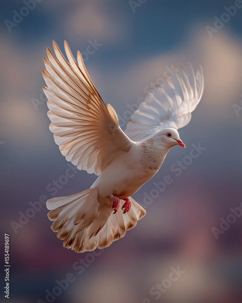 Obraz White Dove in Flight Against Cloudy Sky with Open Copy Space – Peace, Freedom, and Serenity Concept for Inspirational or Religious Themes
